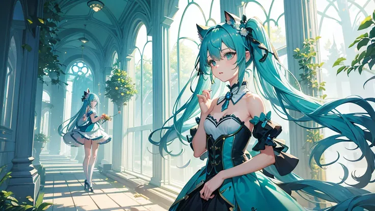 A whimsically enchanting girl, reminiscent of the character Hatsune Miku, stands gracefully beside a majestic fox in a captivatingly mystical forest. The girl, dressed in vibrant shades of aqua and teal, sports long turquoise twin-tails and a magical aura ...