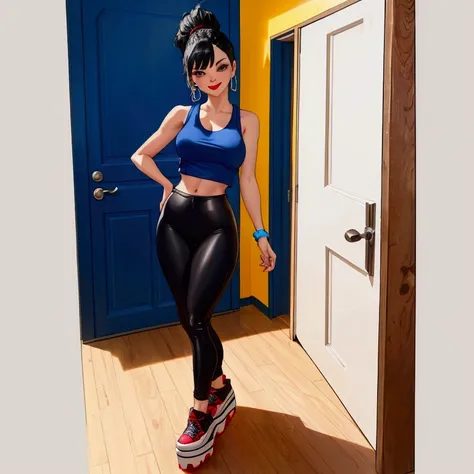 Girl, (blue tank top), black hair, black eyes, red lips, platform sneakers, black spandex, smile, cell phone in left hand, wooden floor, door on the right, yellow walls, 1080P, HD, 16k, super detail, high details, anatomically correct, high quality