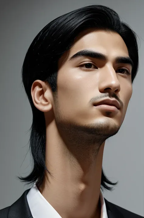 An animated young man. Black hair in gradient, of you clear, slanted and small eyes, bushy eyebrows, profiled nose, thin lips, of tall stature, thin, formal style.