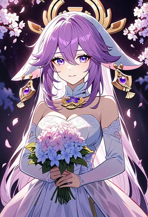 {
    "character": "Yae Miko from Genshin Impact",
    "setting": "outdoor, under falling cherry blossoms, wedding dress",
    "details": {
        "hair_color": "pink",
        "eye_color": "purple",
        "expression": "soft smile",
        "pose": "st...