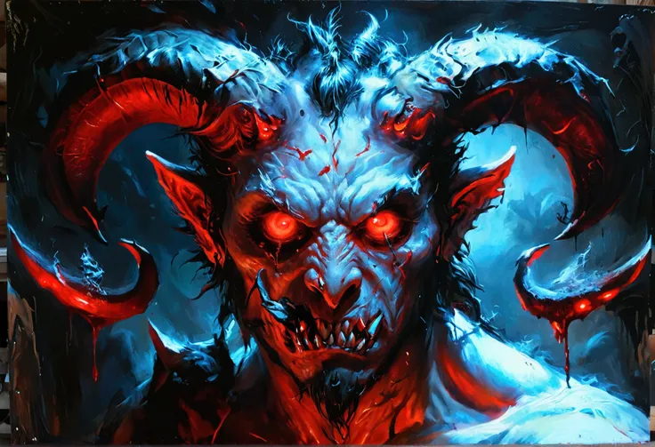 A painting of a horned demon with a red eyes, blooodiedf, inspired by Aleksi Briclot, monster , de carnage, Horror fantasy art, par Aleksi Briclot, Horror concept art, venin, Art fantastique et horreur, Detailed illustration of 4K horror, Dark Horror Art