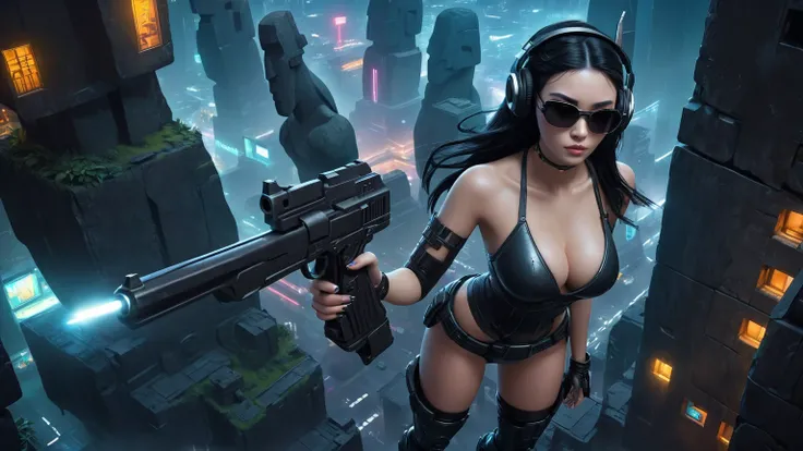 At night, dark sky, distant shot aerial view of fantasy cyberpunk style ((Moai-statue)) city, ((flying vehicle)). ((1girl, solo, alone)), medium-breast:1.1 slim body, cleavage, sexy clothes, (headphone, black sunglasses, long black realistic hair), (((hip-...