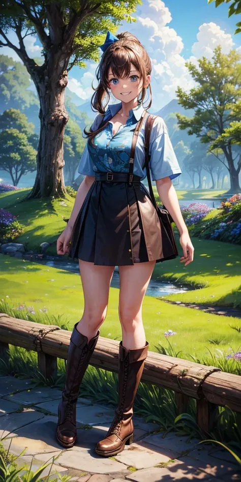 1girl, solo, ((full body)), rural landscape, stream, trees, sun, clouds, fantasy, hut, mushroom, path, brown hair, ponytail, long hair, large breasts, button down shirt, ((blue floral pattern shirt)), ((short sleeved shirt)), ((unbuttoned shirt)), unbutton...