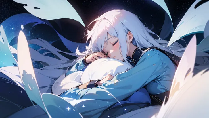 masterpiece, Full-HD, a girl, sleeping, white hair, slender, surrounded by stars, mystical atmosphere, cel anime, upper body, on right, blue hues