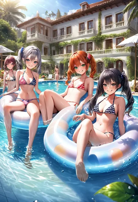 girls in a luxurious pool party, beautiful celebrity girls, intimate friends, 3girls enjoying water activities riding swim-tube with flapping legs, smile happily, vivid pattern bikini, holding cocktails:1.2, lush garden, large villa, homely atmosphere, (be...