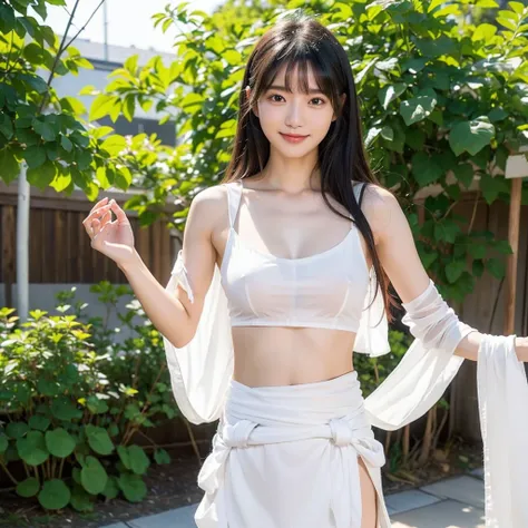 日本people、１people、The most beautiful woman、smile、Shyness、clear、Shiny black hair、Photo Style、length, bangs、light makeup、Standard face、(((Wearing a white Etchu loincloth)))、((Light clothing:0.5))、(She is hiding her breasts by wrapping a cloth around her chest...