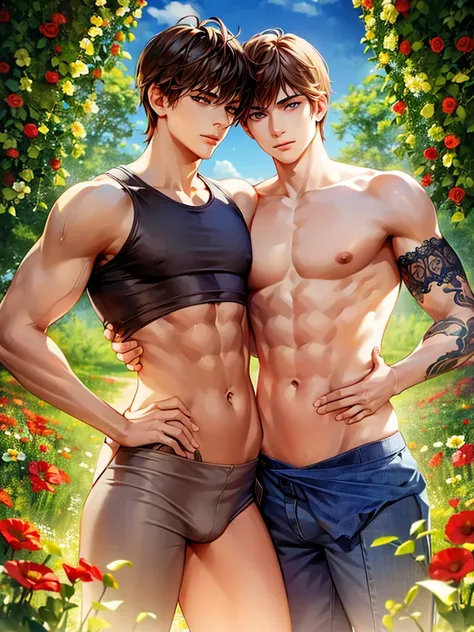 1 young teen boy, detailed boy, muscular boy, brown hair, blue eyes, twink, small waist, big arms, chiseled abs, big voluptuous chest, body wrapped in beautiful flower vines, see-through clothes, floral scene, sunset beautiful floral field, high quality, d...