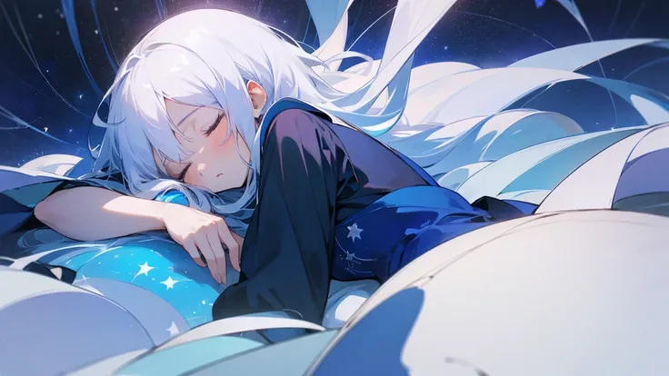 masterpiece, Full-HD, a girl, sleeping, white hair, slender, surrounded by stars, mystical atmosphere, cel anime, upper body, on right, blue hues, rule of thirds