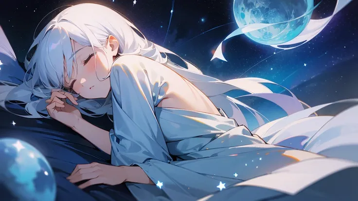 masterpiece, Full-HD, a girl, sleeping, white hair, slender, surrounded by stars, mystical atmosphere, cel anime, upper body, on right, blue hues, rule of thirds