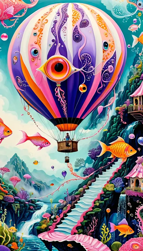 &quot;Dick Ellescas Artist Style&quot;,Fish Hot Air Balloon，Tentacles Waterfall，Pink beauty fish、fish，Tentacles，bird、Eye、Bubble Squeeze、autistic patient、diatom，Spiral Staircase，Stitching together an abstract painting，Describing the inner world of autistic ...