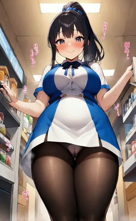 One Woman、Many people々、cash register、Beauty、Convenience store uniforms、Lawson&#39;s uniform、Large number of guests、コンビニclerk、clerk、Age 25、Looking down at the viewer, ponytail, Highest quality, Focus on the thighs, smile,panties、Plump thighs、Big Ass、Big  、 ...