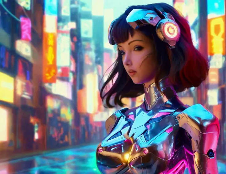 a cute woman, sexy skin-tight bodysuit, cybernetic data-ports, neon chrome color scheme, future tokyo, posing next to a matching cyber super mecha, masterpiece, best quality, 8k, hyperrealistic, extremely detailed, cinematic lighting, volumetric fog, drama...