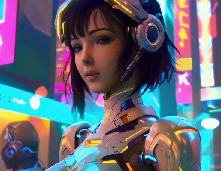 a cute woman, sexy skin-tight bodysuit, cybernetic data-ports, neon chrome color scheme, future tokyo, posing next to a matching cyber super mecha, masterpiece, best quality, 8k, hyperrealistic, extremely detailed, cinematic lighting, volumetric fog, drama...