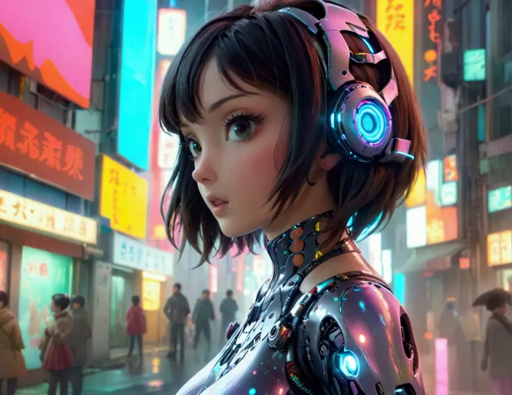 a cute woman, sexy skin-tight bodysuit, cybernetic data-ports, neon chrome color scheme, future tokyo, posing next to a matching cyber super mecha, masterpiece, best quality, 8k, hyperrealistic, extremely detailed, cinematic lighting, volumetric fog, drama...