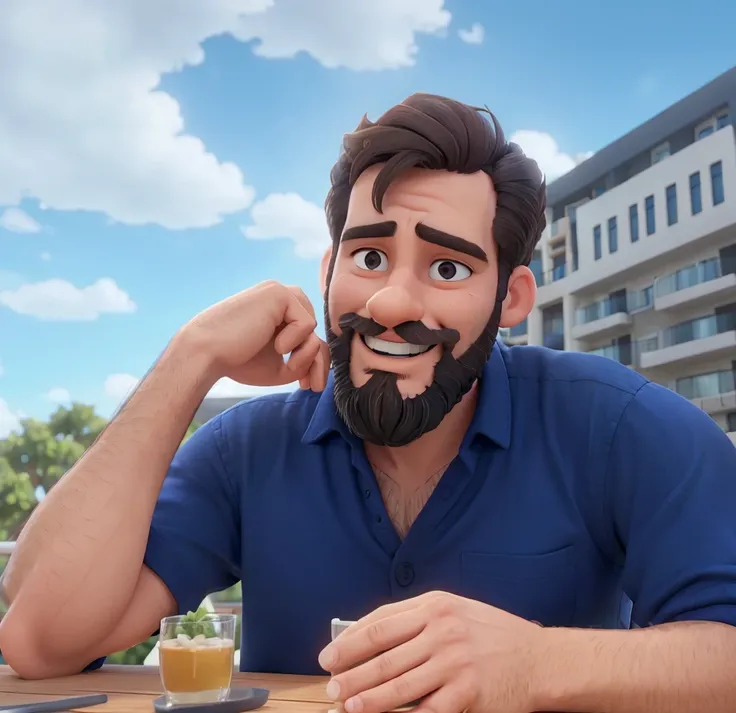 A man with a short beard and dark hair is sitting at an outdoor table, wearing a blue shirt. He has a smile on his face and his hands are resting on the edge of the table. In the background, theres a building with a balcony adorned with white decorations. ...