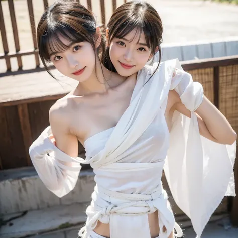 日本people、１people、The most beautiful woman、smile、Shyness、clear、Shiny black hair、Photo Style、length, bangs、light makeup、Standard face、(((Wearing a white Etchu loincloth)))、((Light clothing:0.5))、(She is hiding her breasts by wrapping a cloth around her chest...