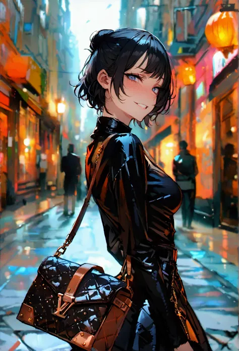 masterpiece, best quality 1girl, solo, beautiful woman, bangs, black hair, short hair, womens bun, dark blue eyes, deep blush, grin, medium breasts, black turtle neck sweeter, short black skirt, plated skirt, louis vuitton handbag, looking at viewer, stree...