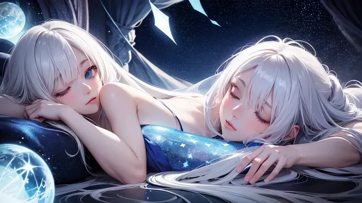 masterpiece, Full-HD, a girl, sleeping, white hair, slender, surrounded by stars, mystical atmosphere, cel anime, upper body, on right, blue hues, rule of thirds, asymmetrical composition