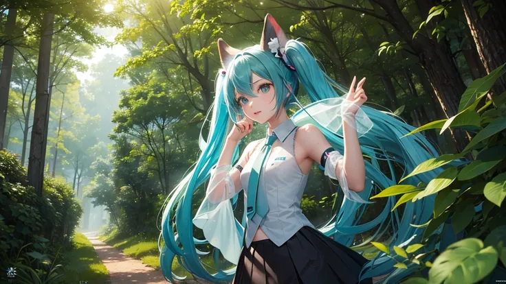 a girl who closely resembles the character Hatsune Miku poses for a photo next to a fox in a magical forest