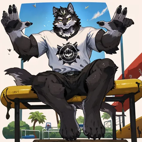 (Strong arms),(Strong legs),masterpiece, best quality, Official Art, Extremely detailed CG unified 8k wallpaper, Ultra Detailed, Best Illustration, , Ink fur, hairy male, Wolf Boy, hairy, Ink fur, 1 Boy,, male focus,, Striped hair, Wolf ears, Animal ears, ...