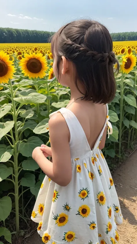 Highest quality, Sunflower field（Tall and many), girl, 3 years old, Back view, I can&#39;t see your face, (((white Cotton dress)))(((Blonde curly hair)))blue sky, Photographic images, (((sunflowers are taller than a girl)))