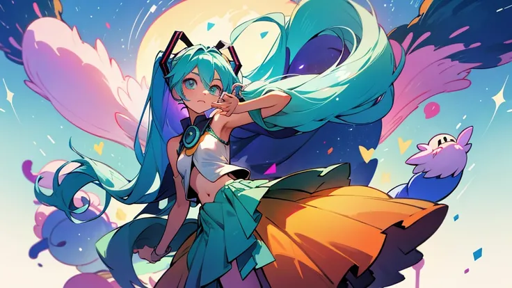 a girl who closely resembles the character Hatsune Miku poses for a photo next to a fox in a magical forest