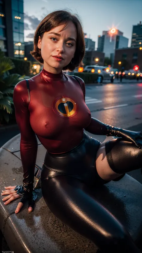 (masterpiece), (solo character), (photorealistic:1.4), ),(best quality), (the Incredibles red top bodysuit),, (Dakota Johnson wearing the Incredibles red bodysuit) ), (Dakota Johnson in Helen Parr hairstyle), (helen short hairstyle), (flashphoto), (epiCRea...