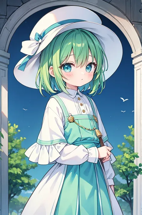 boy　Green Hair　Blue clothes　White hat