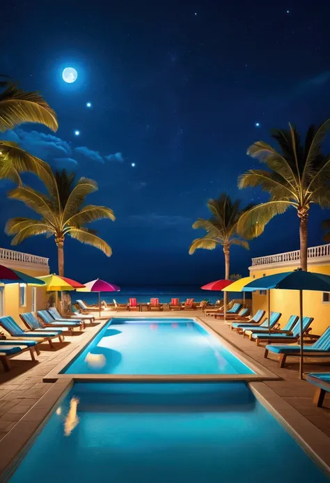 (Pool parties), Pixar style, quiet night, the blue of the pool reflects the moonlight, surrounded by colorful beach chairs and umbrellas. people play in the pool, background is the pool at night, full body, (Photography), panoramic view, award-winning, cin...