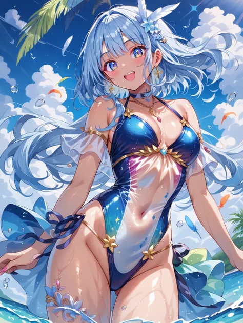 score_9, score_8_up, score_7_up, source_anime,masterpiece, best quality, high resolution, extremely detailed CG, absurdres, highres, 1girl, a dark skin girl in a swimsuit, posing at the beach, (((light blue hair))), golden_decorations, feathers on swimsuit...