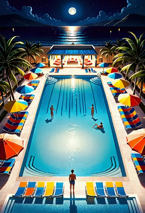 (Pool parties), Pixar style, quiet night, the blue of the pool reflects the moonlight, surrounded by colorful beach chairs and umbrellas. people play in the pool, background is the pool at night, full body, (Photography), panoramic view, award-winning, cin...