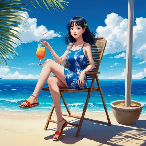 blue sky，Baiyun，Ocean，Tropical Juice,vacation,Girl,An illustration,Sitting on a chair, front view,anime