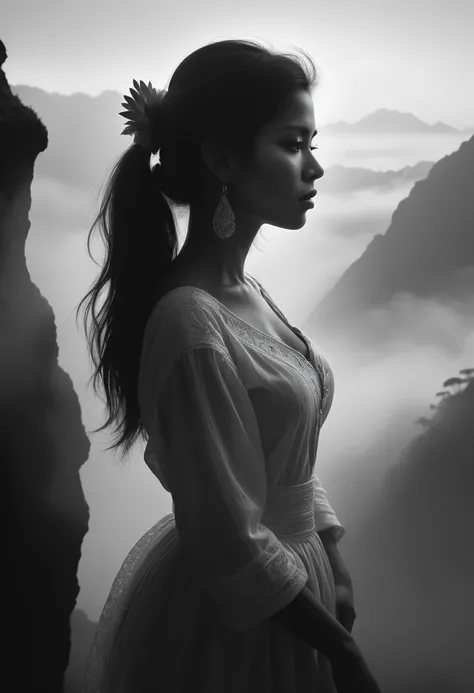 High Quality illustration,ultra detailed, Beautiful picture of A painting of a Peruvian beauty, Silhouette, Fog, cinematic shot, haze lighting, 16k, uhd, blurry masterpiece,cinematic, epic, monochrome 