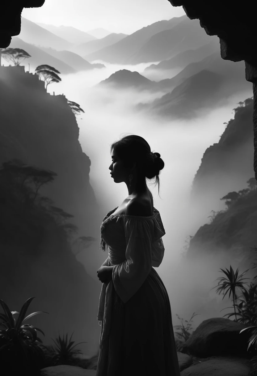 High Quality illustration,ultra detailed, Beautiful picture of A painting of a Peruvian beauty, Silhouette, Fog, cinematic shot, haze lighting, 16k, uhd, blurry masterpiece,cinematic, epic, monochrome 