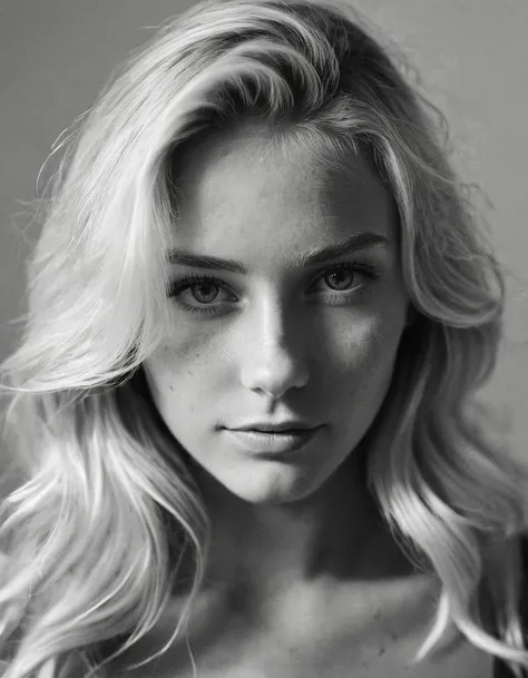 b&w, instagram photo, portrait photo of 26 y.o blonde woman, perfect detailed eyes, natural skin, hard shadows, film grain