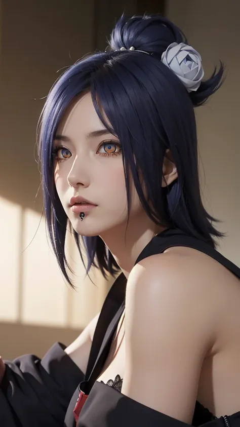 woman, woman, short hair, hair ornament, blue hair, legs , sitting on the bed , small, panties, bra, sexy body , , one flower, hair цветок, (orange eyes:1.2), (labret piercing:1.2), eyeshadow, (Akatsuki uniform:1.5), Akatsuki (naruto),BREAK (masterpiece:1....