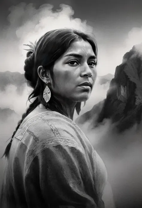 high quality illustration,ultra detailed, beautiful picture of a painting of a peruvian beauty, fog, cinematic shot, haze lighti...