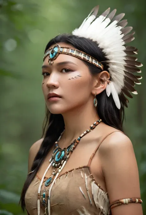 ((full body image)) beaultful plays 18-year-old pocahontas, young beautiful native american woman, perfectly symmetrical face sh...