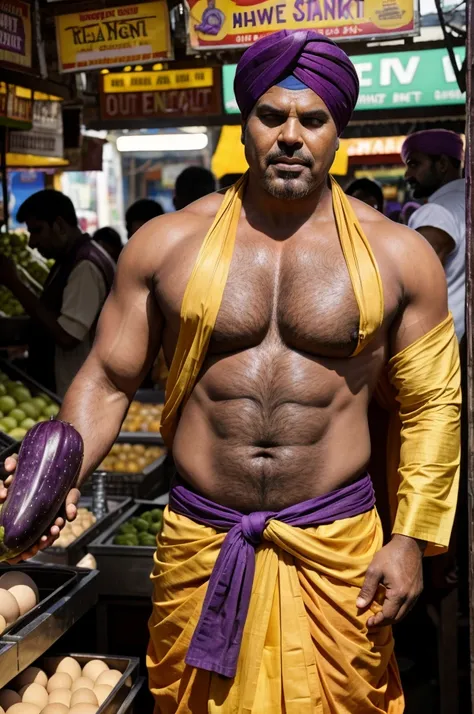 Picture Thanos, the mighty Titan, selling eggplants in a lively Indian market. Hes dressed in vibrant traditional Indian attire-kurta, dhoti, and a turban. His imposing figure stands behind a stall brimming with fresh eggplants, surrounded by the rich scen...