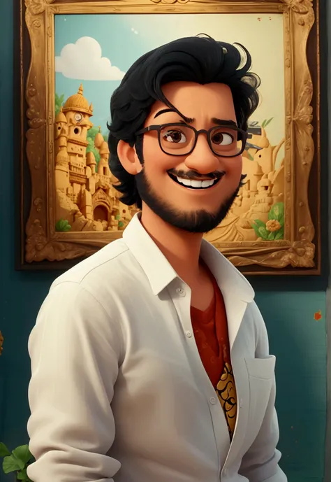 a 3d pixar style movie poster with the text smiling man with glasses and white shirt in front of a painting, album cover inspired by Narayan Shridhar Bendre, pexels, समिकशावाद, johnatan wayshak, ranjit ghosh, uvayês, Terence Nielsen, mischievous smile, niv...