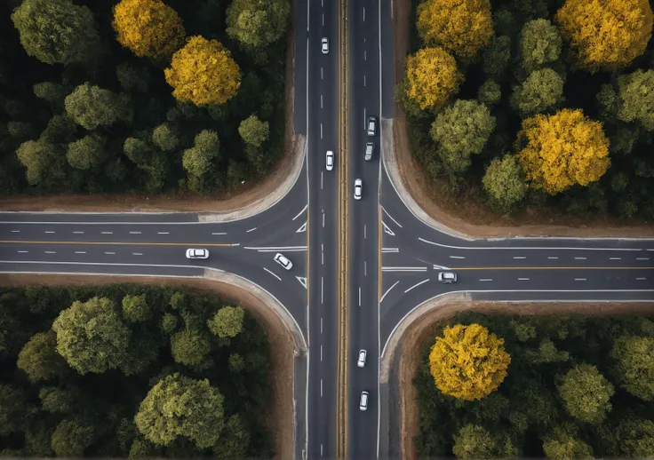 Viewing Point: Far, from above, like a birds eye.

Image: A road intersection that splits into three directions. The roads to the left and right were shrouded in thick fog, while the road straight ahead was illuminated by warm sunlight. In the middle of th...