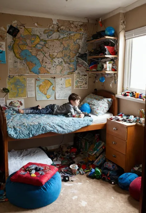 A messy room in which a boy staying on a bed