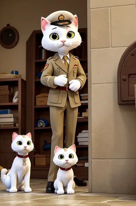 Adult white cat saying goodbye to his family to go to the army the cat must is dressed in military uniform 