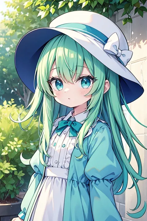 boy　Green Hair　Blue clothes　White hat