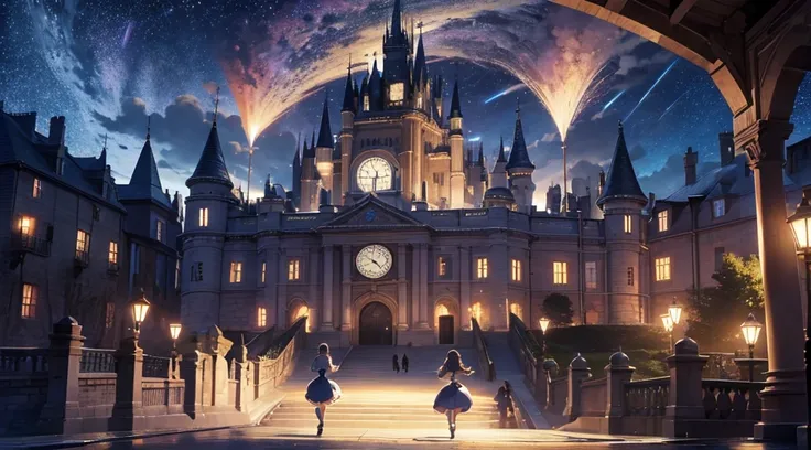 midnight、A big clock showing 23:59、Grand staircase in the castle、Cinderella Running Down、Glass slippers on the stairs、