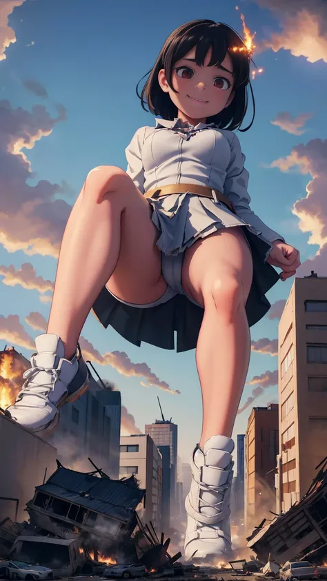 （Giantess Elements、High resolution、High resolution、high quality、accurate body structure、Detailed body）Towering Giant Girl, 50,000 feet high、Looking up at the approaching woman from below、Giants attack the city、Cute Woman、Destroy a small town淫乱な女性、Destroy a...