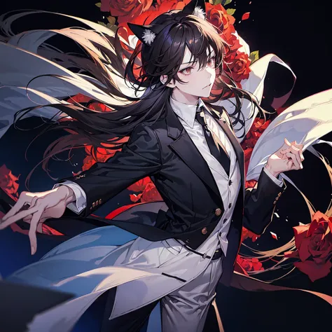 Create a profile picture of an anime boy with cat ears. He should have brown hair and be dressed in a black shirt, a black blazer, and a red tie. His pants should be black. The background should be filled with red roses.