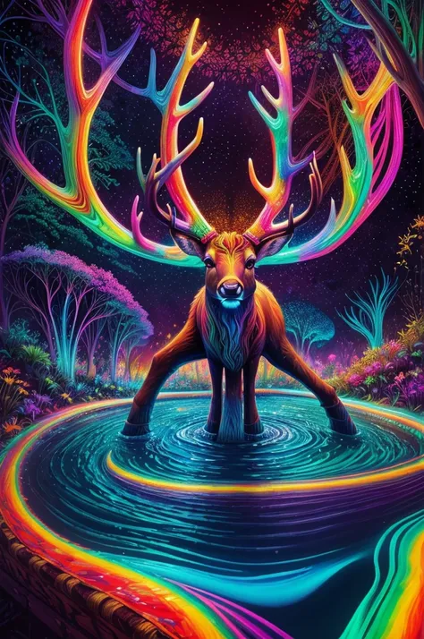 (Psychedelic painting of deer standing in front of colorful whirlpools), ((Multi-sewn large antlers, stag, Big head)), Light and shadow, Waves, Multi-layered, foreground, Distant view, fractal thunder dan mumford, Dan Mount Ford and Alex Gray style, psyche...