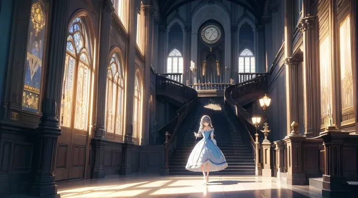 midnight、Big Clock、Grand staircase in the castle、Cinderella runs down the stairs barefoot、Glass slippers on the stairs