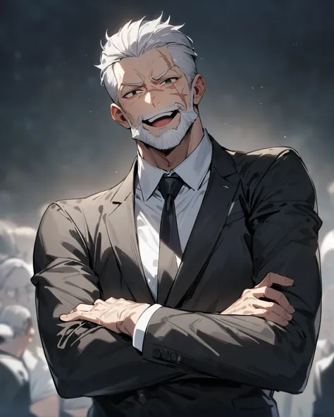 masterpiece, best quality, very aesthetic, absurdres, 1man, old man, solo, silver hair, short hair, slicked back hair, crew cut, black eyes, beared, white beared, black jacket, white collared shirt, black necktie, smile, open mouth, upper teeth, brawny, cr...